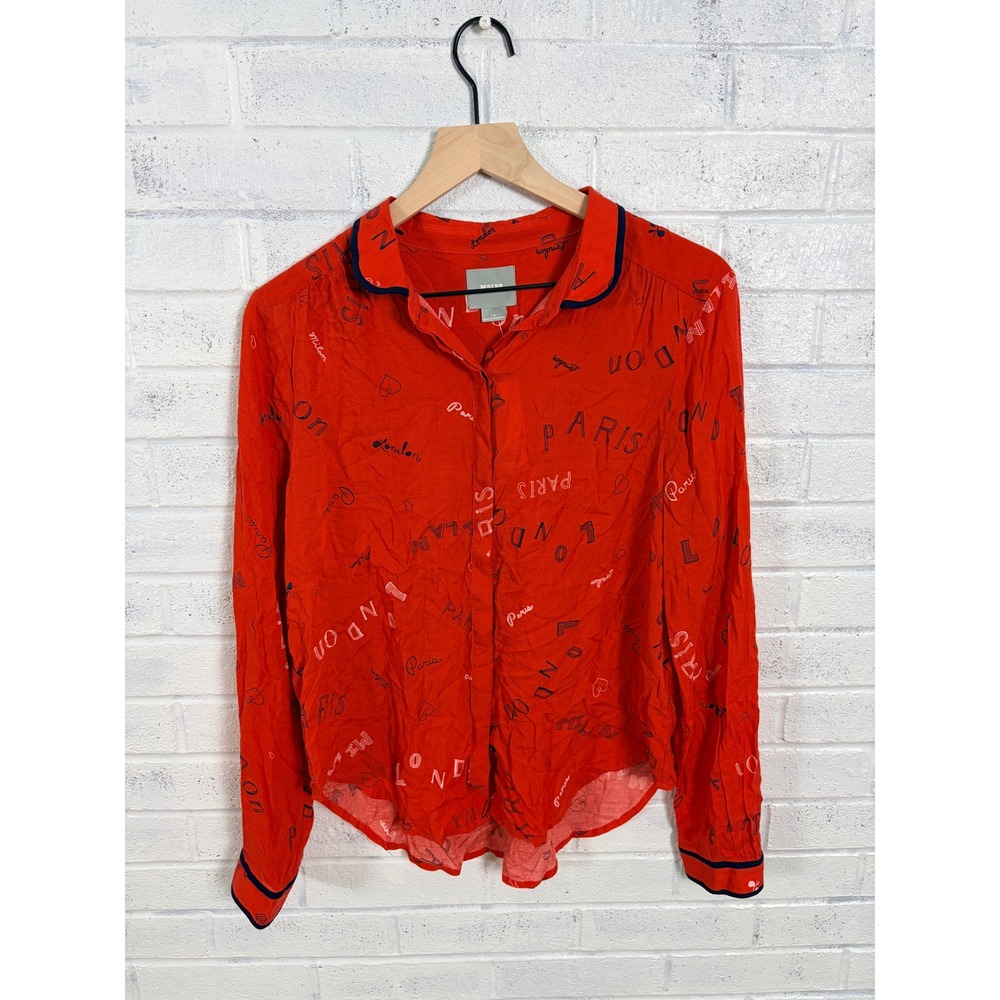 Maeve Button Down Top Womens 10 Red Travel Script Paris London Milan Blouse